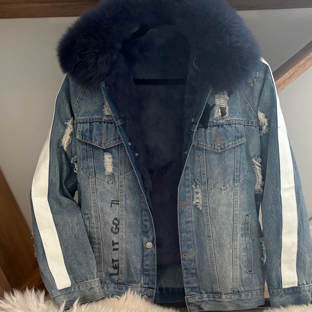 DistressedDenim Jacket with Rabbit Fur lining and collar - Picture 2 of 4